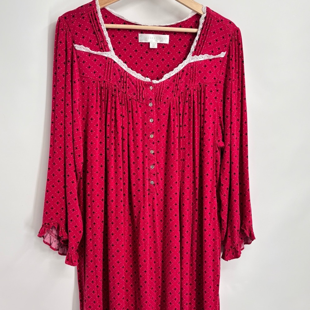 Eileen West long nightgown red white floral lounge with ruffle at sleeves Sz M - Picture 4 of 9